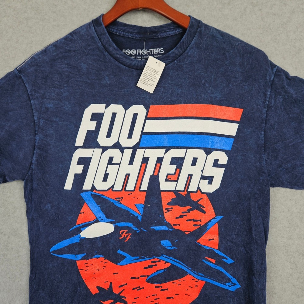 Foo Fighters Mens Blue Mineral Wash Graphic T-Shirt Fighter Jet 94 Band Tee Med